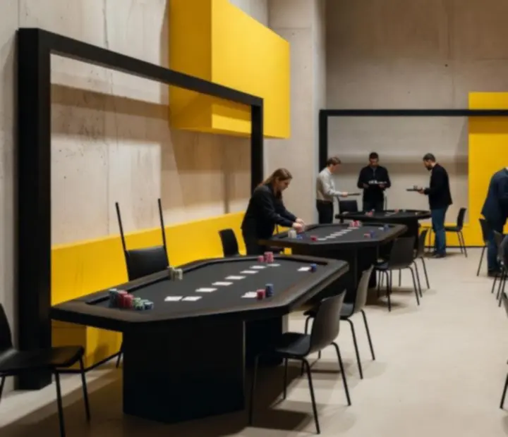 Brutalistický interiér restaurace Brnoriva během pokerového večera