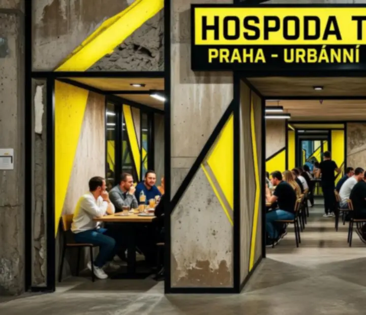 Hlavní vstup do brutálně laděné restaurace Brnoriva s výrazným rámem a kontrastním interiérem.