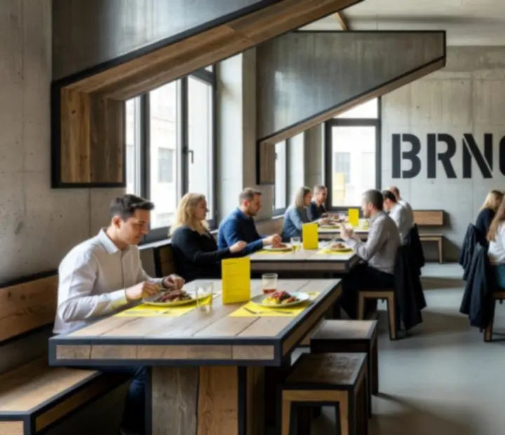 Interiér restaurace Brnoriva s robustními stoly a industriální atmosférou