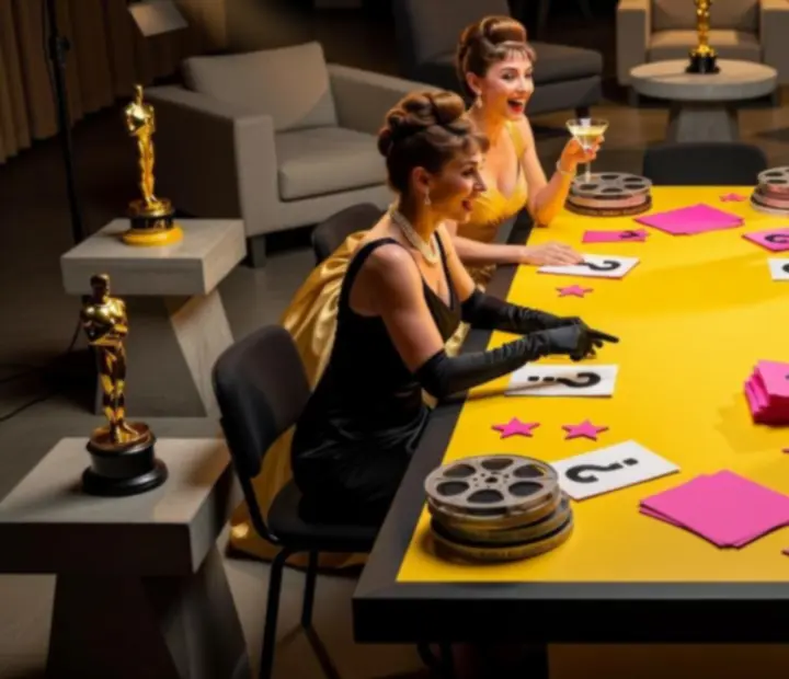 Hollywoodský tematický večer s červeným kobercem a hosty ve stylových kostýmech.
