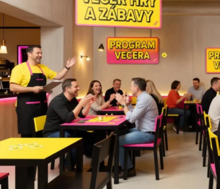 Tematický večer v restauraci Brnoriva s hosty u stolů a výraznou neonovou atmosférou.